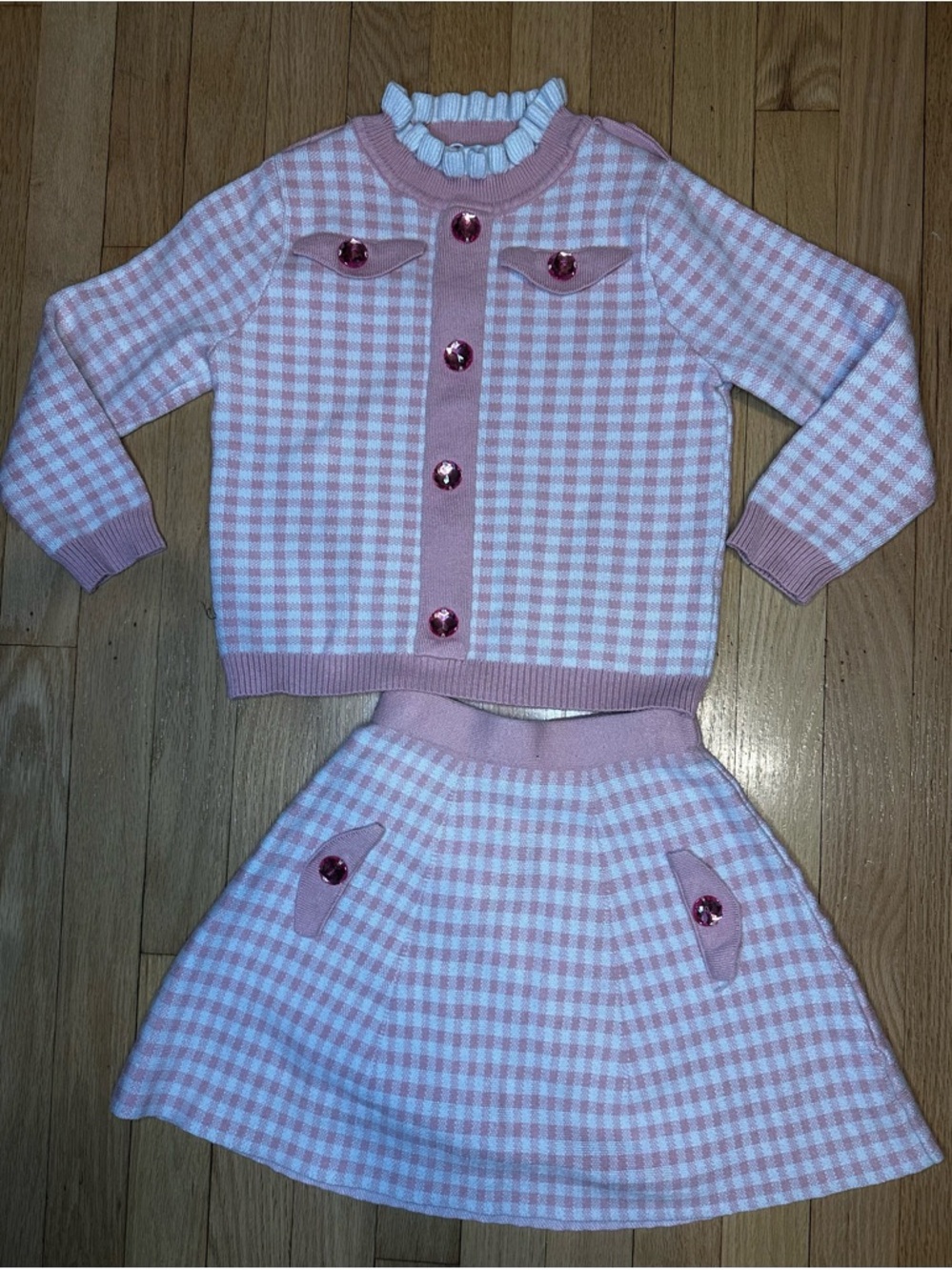 Lola & The Boys Size: 8 Pink & White Gingham Knit Cardigan Set